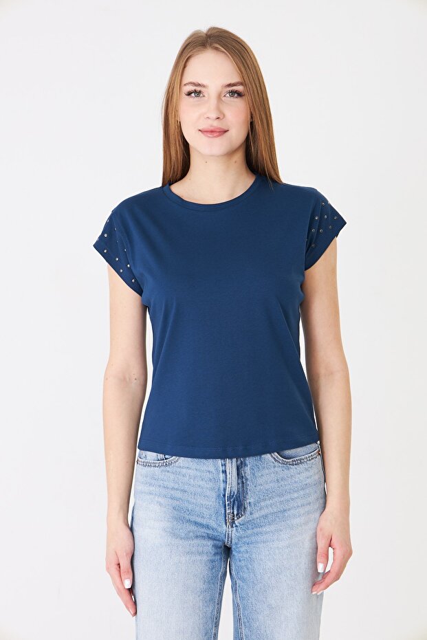 Women's Stone Detail Low Sleeve Comfortable Fit Basic Tshirt Indigo