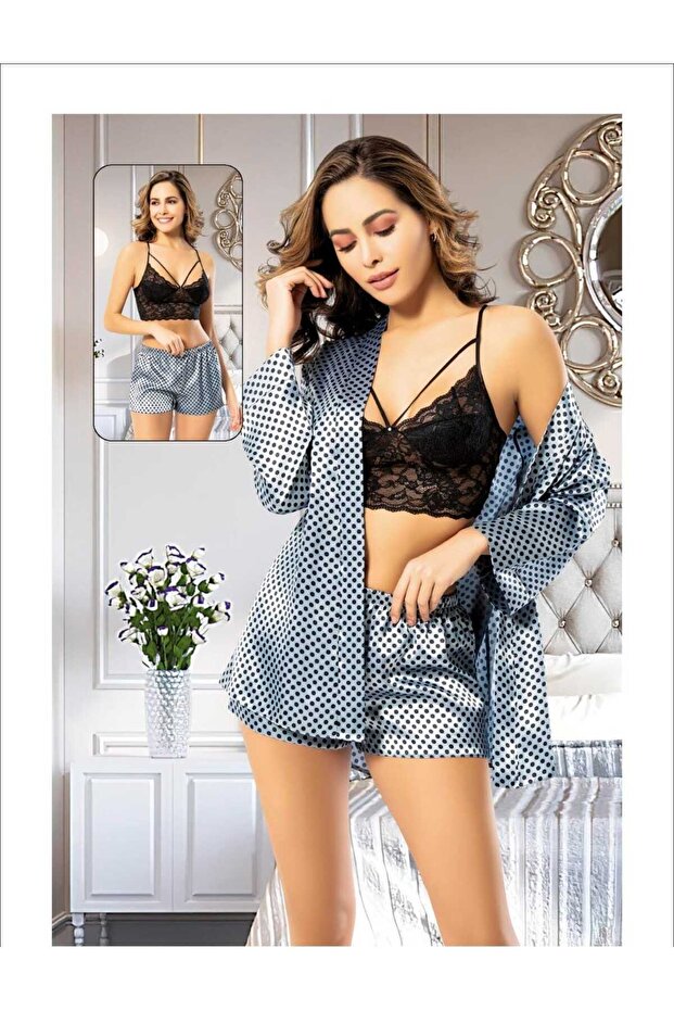 Polka Dot Satin 3-Piece Pajama Set – Lace Bralette Shorts & Robe Stylish Home Wear