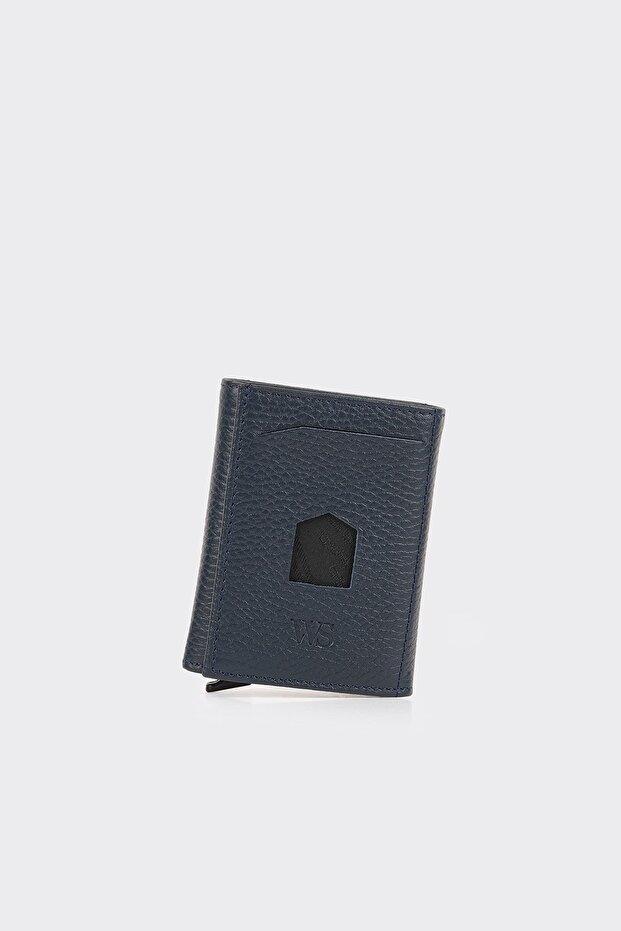 Genuine Leather Navy Blue Card Mechanism Premium Card Holder