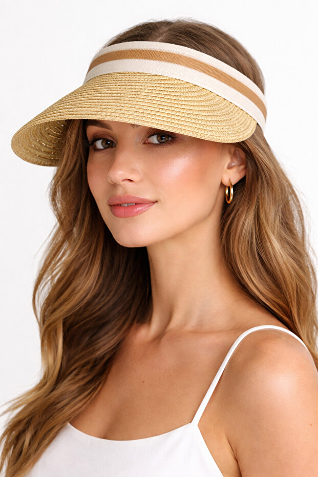 Women's Summer Straw Visor Hat Dark Beige Crown Model Open Top Beach Sun Visor