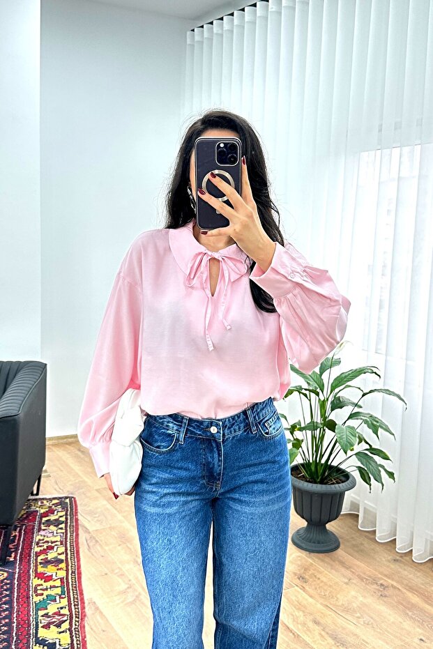 Yaka Tie-Detail Drapey Pink Blouse