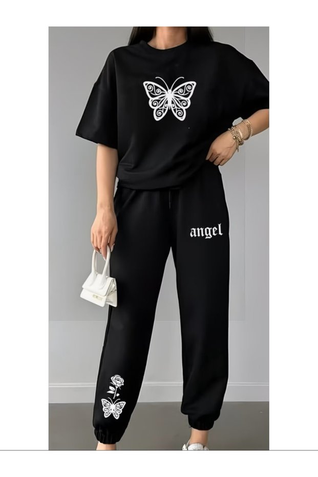 Women's Printed Top and Bottom Tracksuit Set Oversized Crew Neck