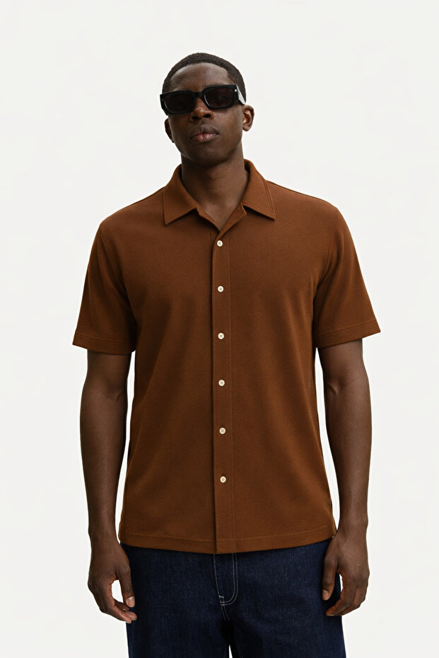 Men's Short Sleeve Basic Coffee Relaxed Shirt