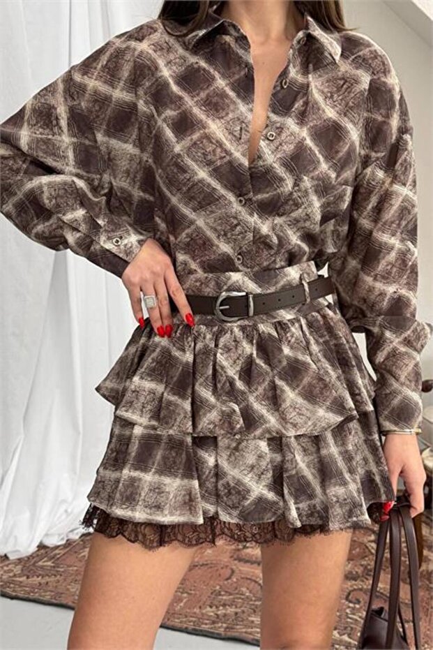 Women's Brown Shirt Collar Layers Plaid Patterns Mini Dress Dpnp025