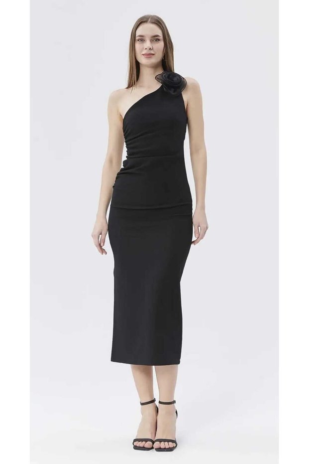 One-Shoulder Rose-Detail Slit Dress