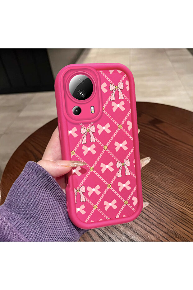 حافظة هاتف Mi 13 Lite 5G متوافقة مع السيليكون المقاوم للصدمات باللون الأحمر الوردي بنمط فيونكة - 5