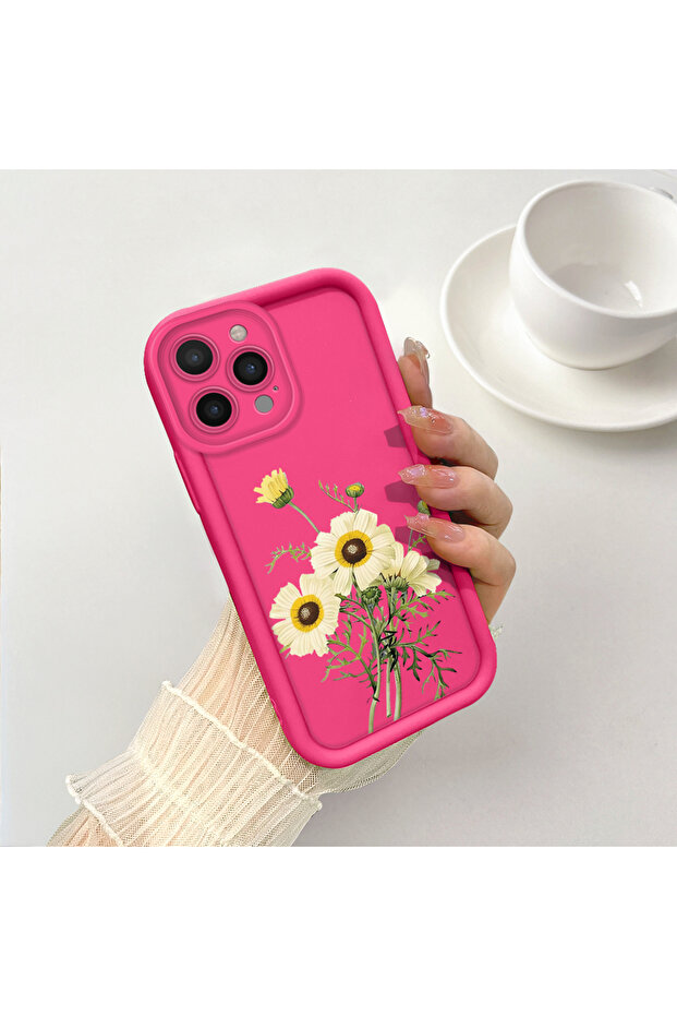 حافظة هاتف آيفون 14 برو متوافقة مع السيليكون المقاوم للصدمات باللون الأحمر الوردي بنمط زهرة الشمس - 8