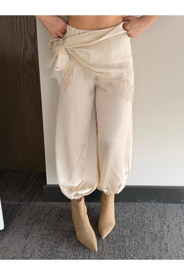Beige Satin Lace Tie-Detail Shalwar Trousers - 40585