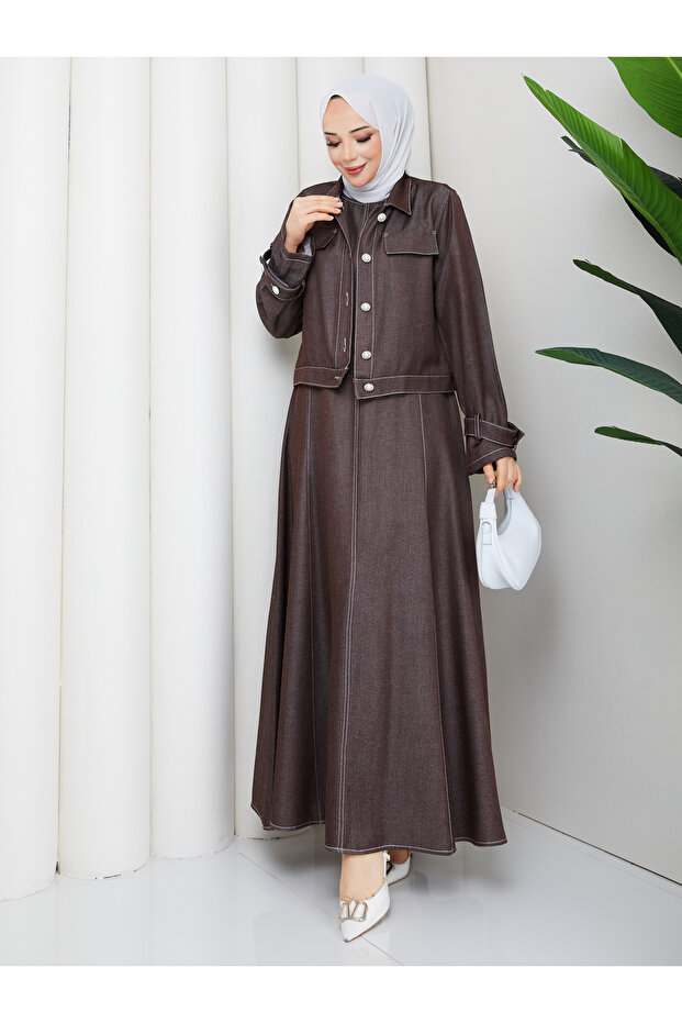 Contrast Stitching Li Denim Denim Jacket & Jile Hijab Set Rc6034