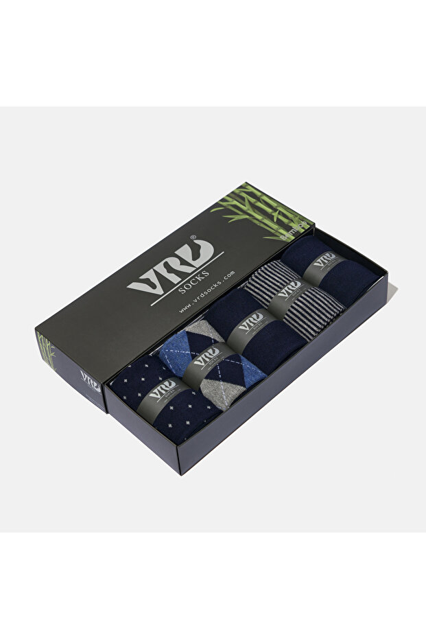 Stitch-Free Bamboo Socks Jacquard Navy Blue Patterned Colors Men's Socks Boxed 5 Pairs Premium Long Socks