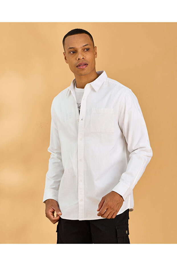 Men White Solid Dobby Shirt - 1