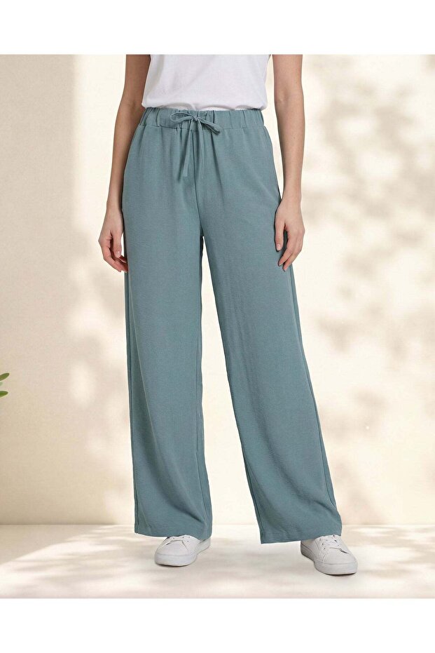 Women Blue Elasticated Waist Wide Leg Trouser
