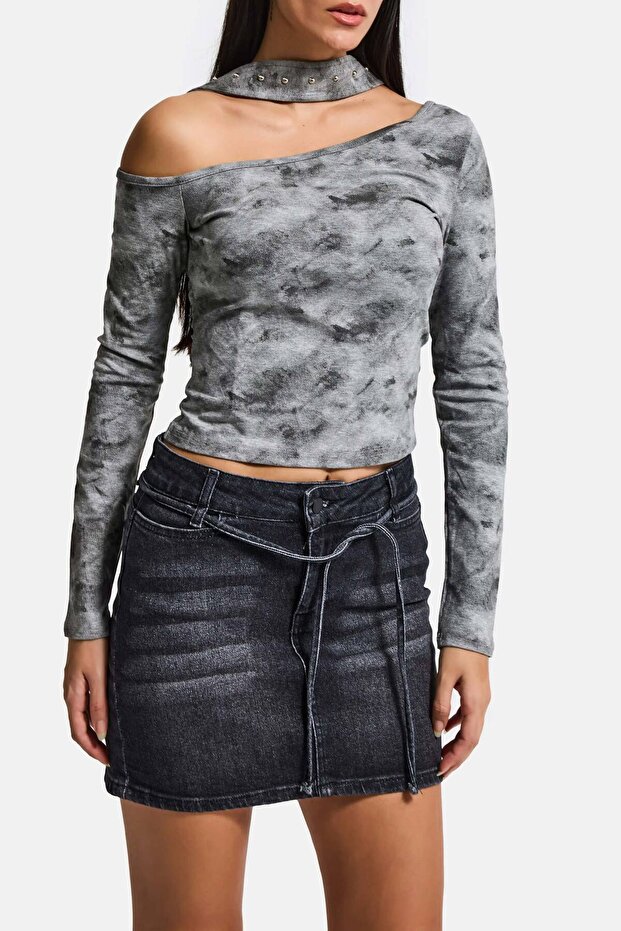 Women's Dark Smoked 2S6-1 Straight Fit Belt Detail Elastane Mini Denim Skirt