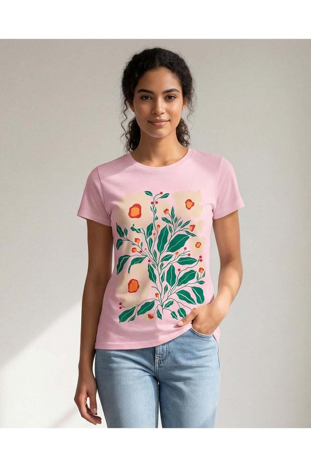 Women Pink Floral Placement Print T-Shirt