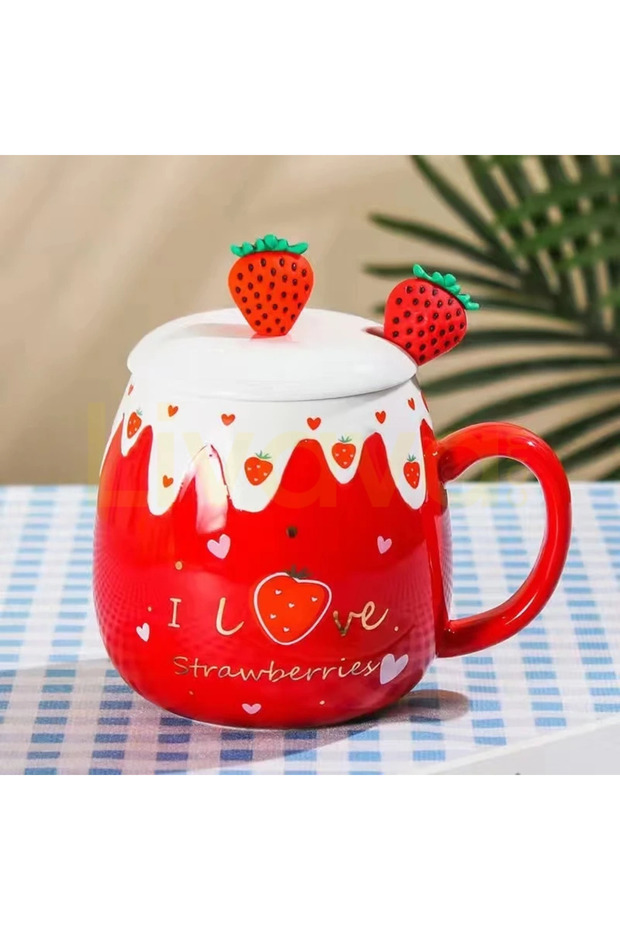 Meyve Patterned Ceramic Mug with Lid and Spoon, 10X10 cm - Red