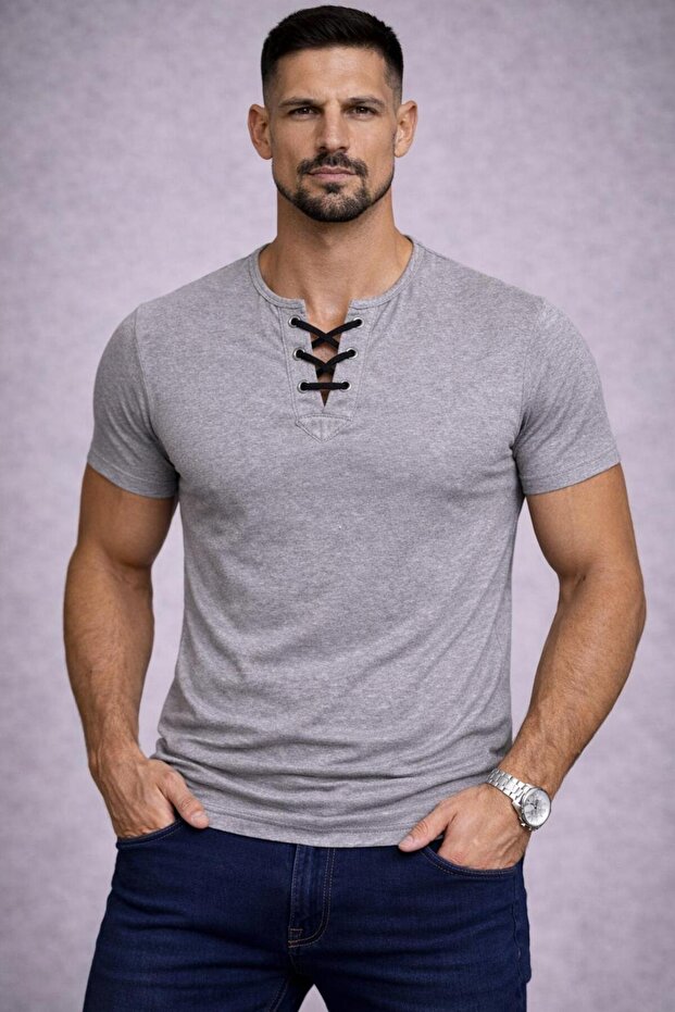 Special Edition Light Gray Short Sleeve Drawstring Collar Slim Fit Wide Collar Crew Neck T-Shirt Tshirt
