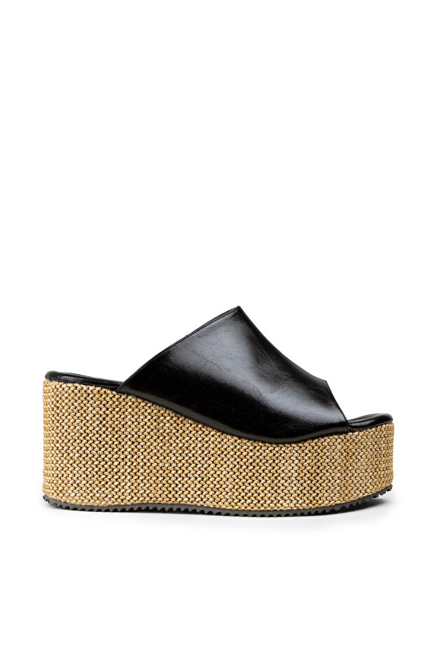 Women's Black Wedge Heeled Slippers