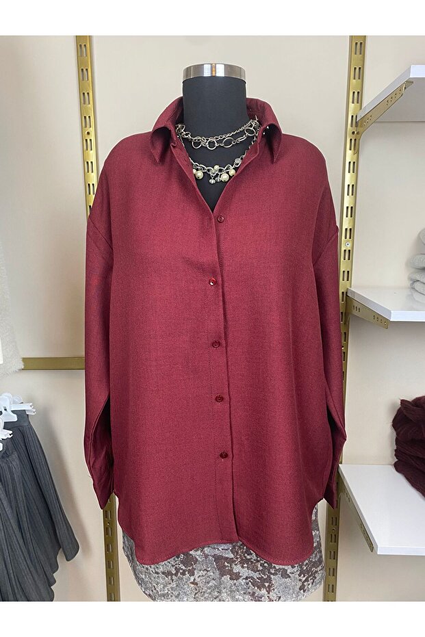 Kadın Bordo Oversize Uzun Basic Gömlek - 1