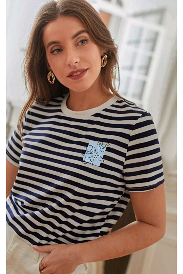 Popular Mix Printed Navy Blue Striped Detailed Regular Fit Women's T-Shirt