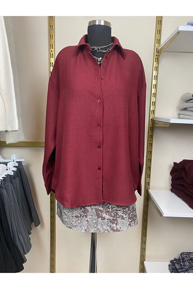 Kadın Bordo Oversize Uzun Basic Gömlek - 5