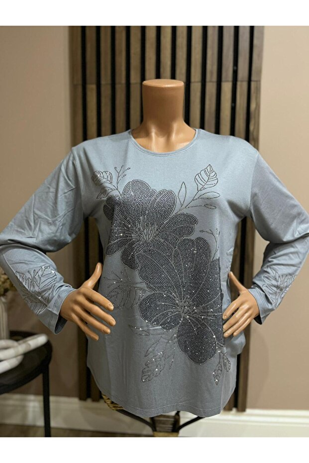 Women's Middle Age and Above Large Rose Patterned Stone Mother Combed Cotton Blouse