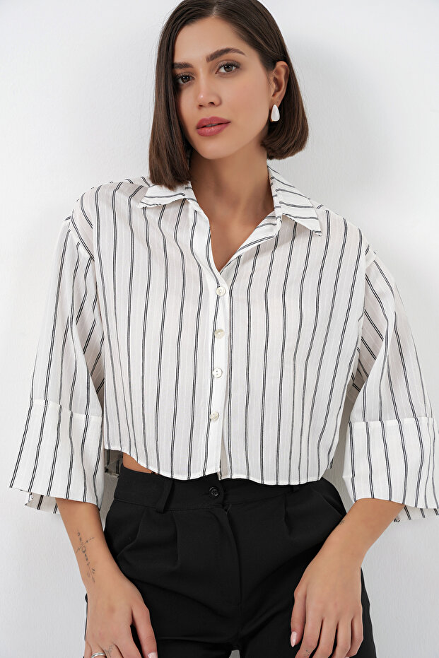 Women's Striped Oversized Short Shirt 20326 - White