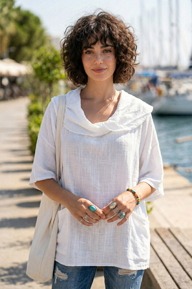 White Shawl Collar Short Sleeve Double Pocketed Casual Linen Look Wide Cut Woven Blouse 65 83
