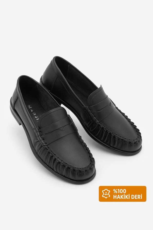 Women's Genuine Leather Oval Toe Moccasin Stitched Ruched Loafers Casual Shoes Ervos Black