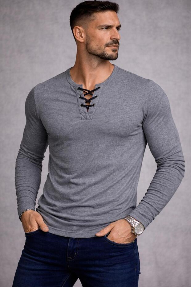 Special Edition Smoked Drawstring Collar Slim Fit Long Sleeve Wide Collar Crew Neck T-Shirt Tshirt