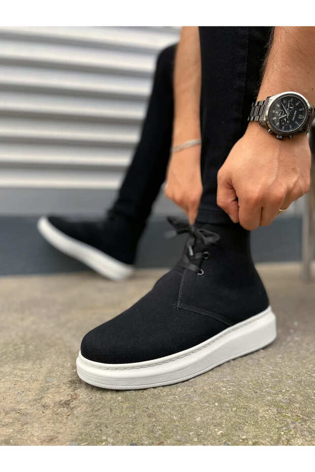 Black Suede (White Sole) Lace-Up Men's Sneakers Boots
