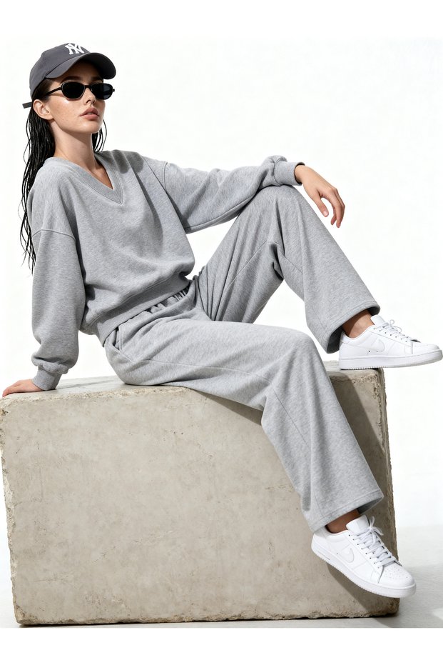 Rei Daily Stylish Women's V-Neck Wide-Leg Relaxed Cut Tracksuit Set