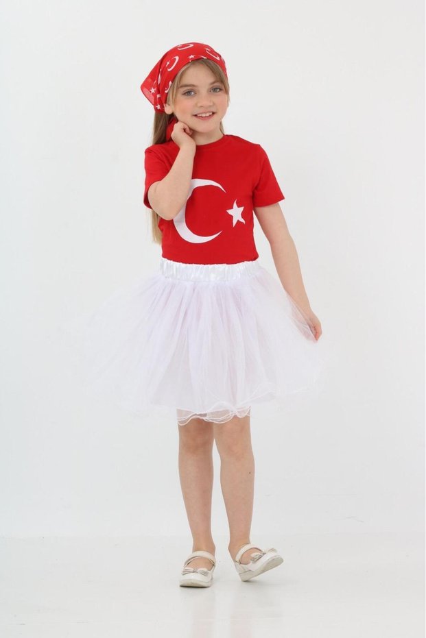 23 April Performance Outfit Girls' Tutu White Skirted Red Star and Moon T-Shirt Set