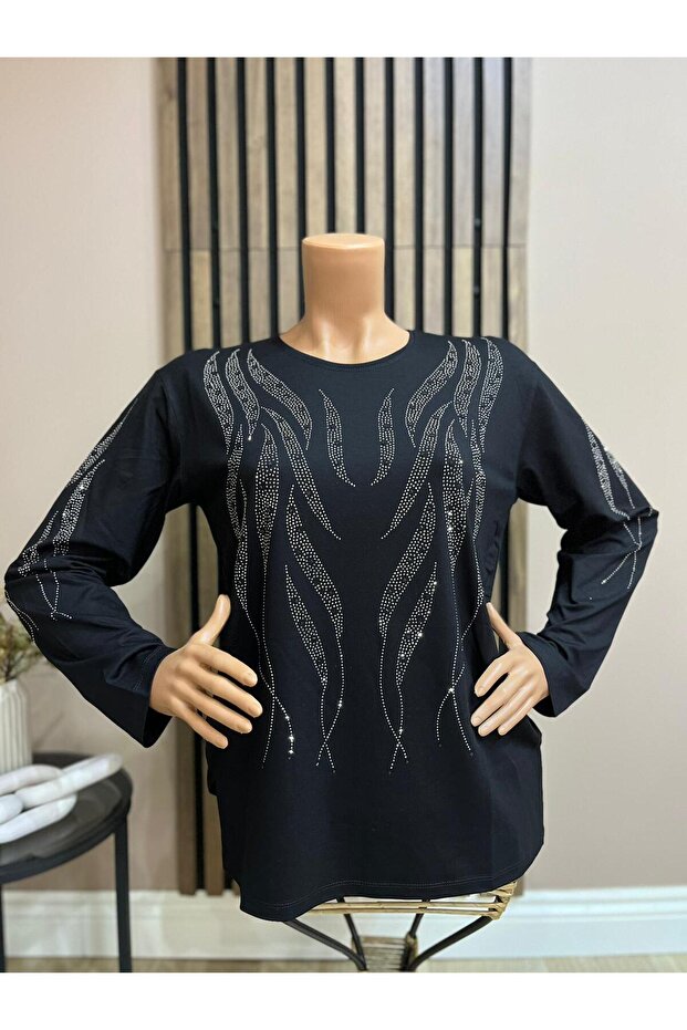 Women's Middle Age and Above Lale Patterned Stretch Fabric Stoned Mother Combed Cotton Blouse