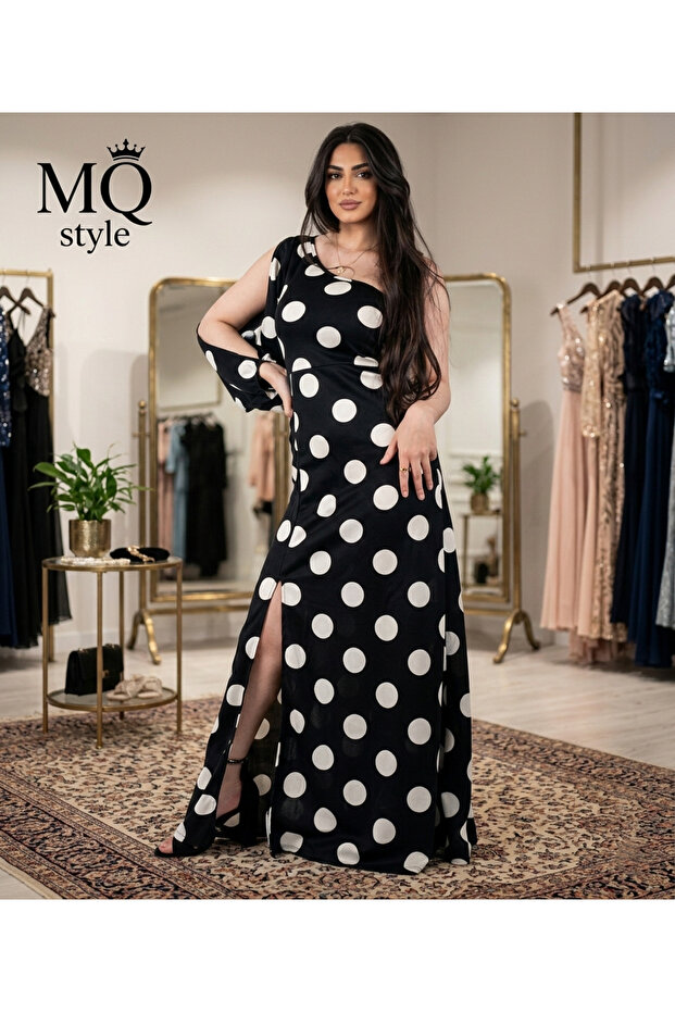 فستان سهرة "بولكا دوت" بكتف واحد وفتحة جانبية جريئة من style