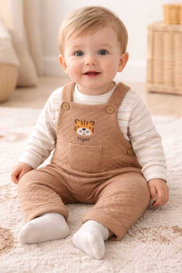 Eid 100% Cotton Baby Boy Quilted Embroidered Figures Double Salopet Set