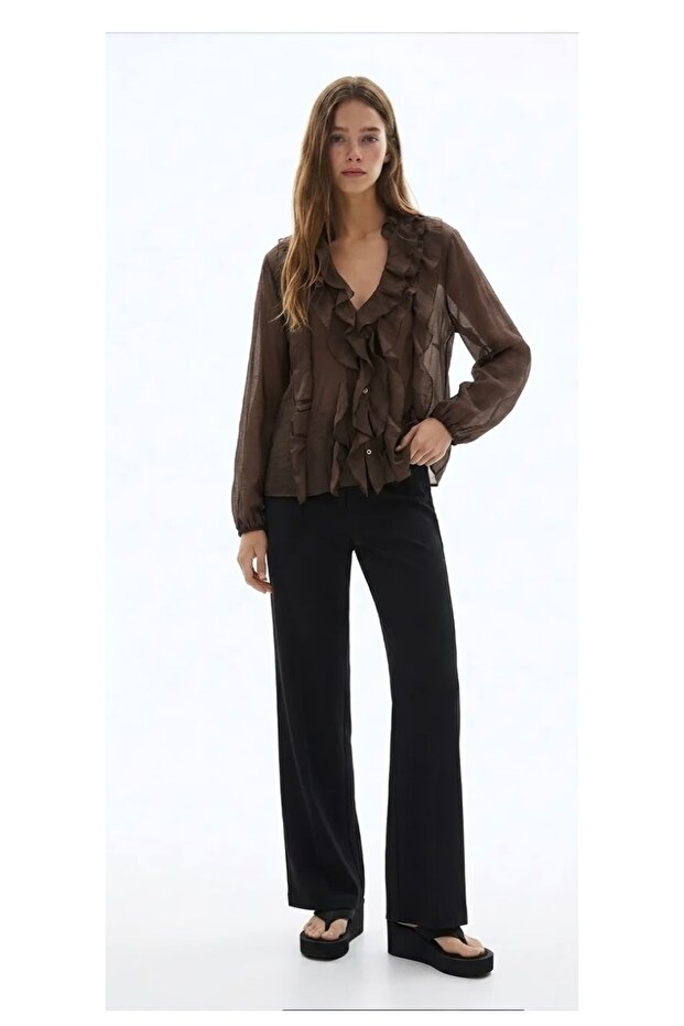 V-Neck Ruffled Sheer Blouse Brown