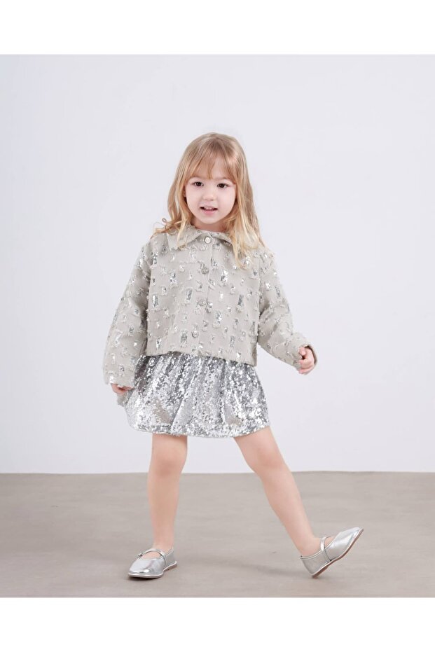 طقم تنورة مزينة بالترتر للفتيات منقوش - 2