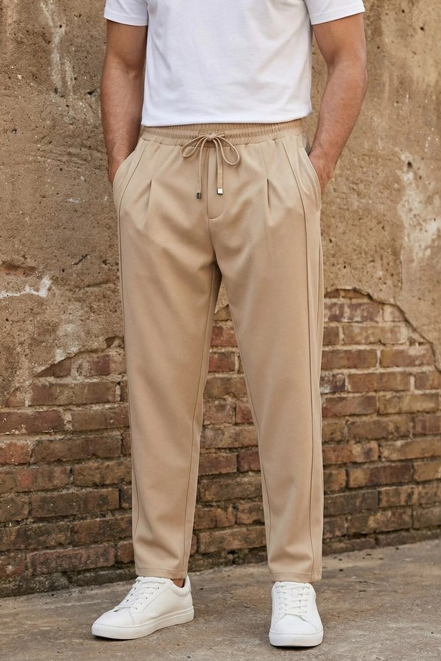 Men's Pleated Green Beige Trousers with Elastic Laces, Comfortable Fit, Casual Trousers Ls-23136