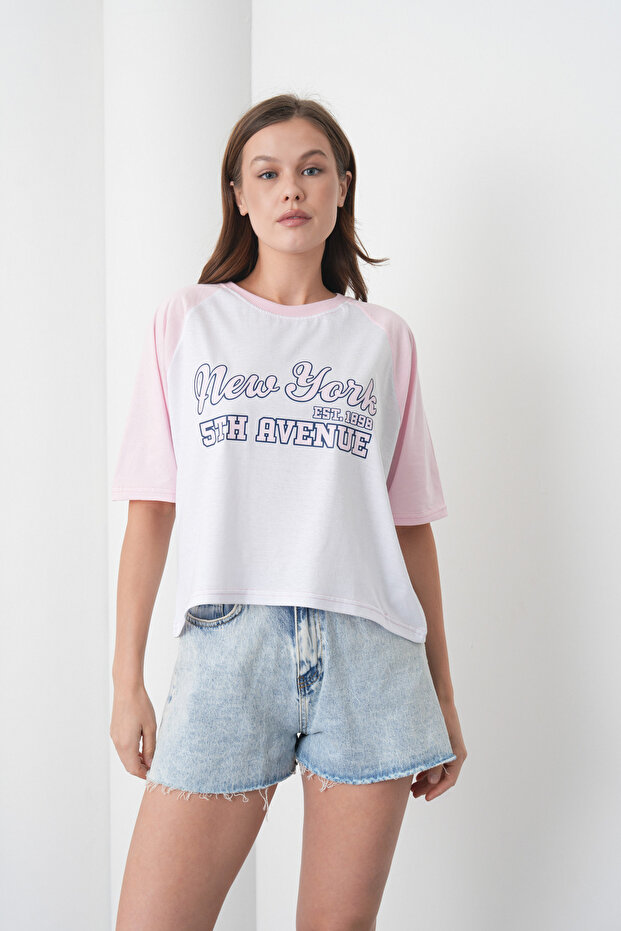 Women's Pink New York Printed 100% Cotton Raglan Sleeve Oversized White T-Shirt