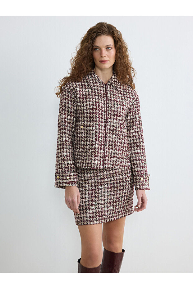 Nevavm Shirt Collar Plaid Women's Tweed Jacket with a Difference