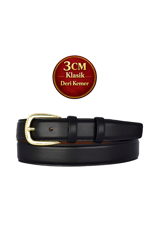 Genuine Leather , 3 cm Gold Color Buckled , Black, Sewn Classic Women's Belt I, 3Cmkla31