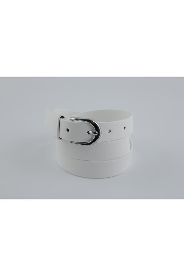 Silver Buckled White Faux Leather Women's Belt