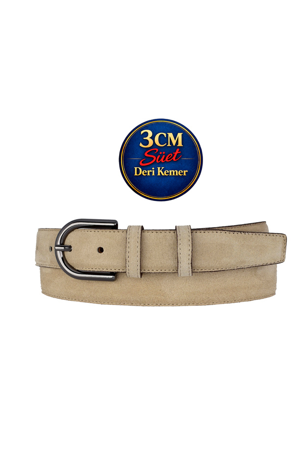 Genuine Leather , 3 cm Black Nickel Color Buckled , Cream Suede , Stitched Classic Women's Belt I, 3Cmkla21
