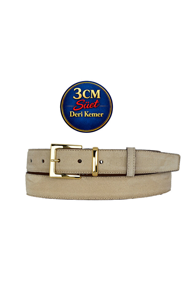 Genuine Leather , 3 cm Gold Color Set Buckled , Cream Suede , Sewn Classic Women's Set Belt I, 3Cmkla47