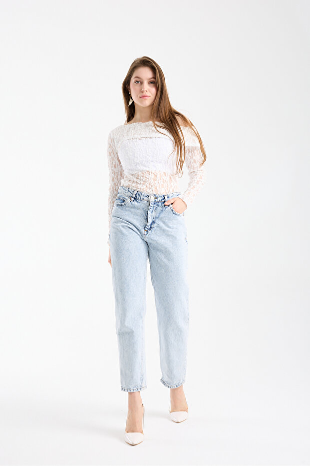 Bluză de damă detaliu pe umăr material elastic dantelă - 3