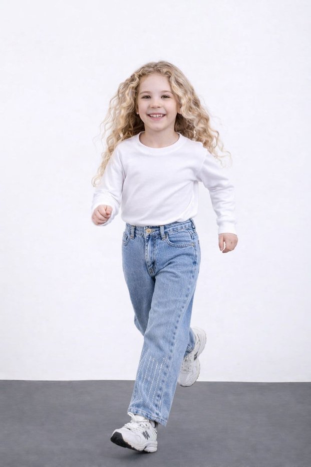 Girls' New Season Denim Fabric Pants with Stone Print Detail, Ages 3-10