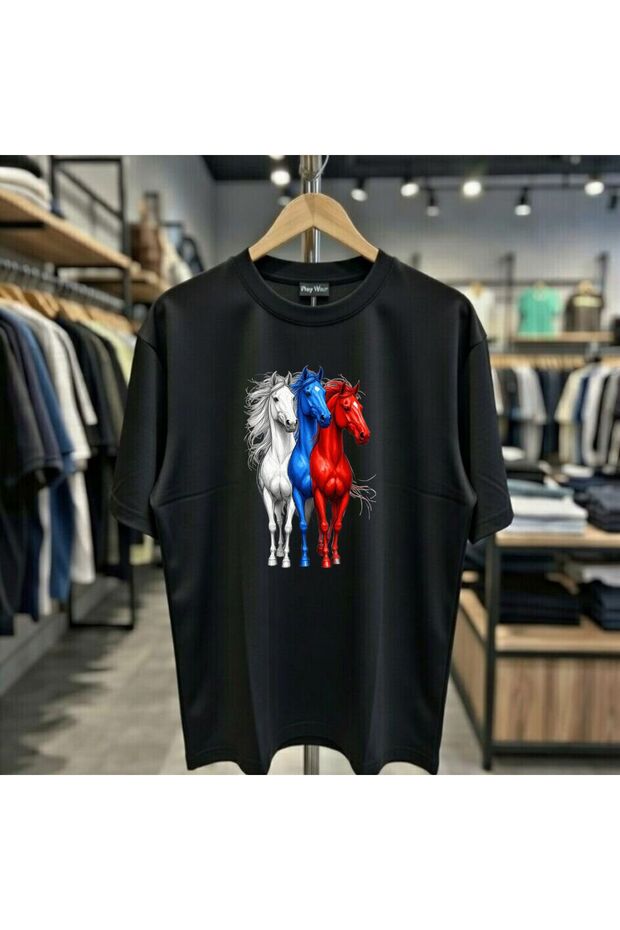 White Blue Red Horse Printed 100% Cotton Regular Fit Crew Neck T-Shirt