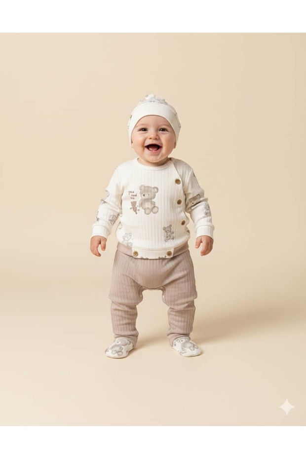 Teddy Bear Print Baby Romper Set – with Hat and Booties - 100% Organic Cotton