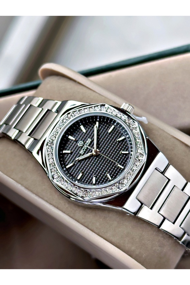 Silver Color Stone Model Steel Women's Wristwatch + Bracelet