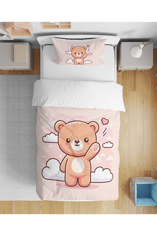 Pink Teddy Bear Patterned 3D Digital Print Pieces Single Girls' Duvet Cover Set Sleeping Set